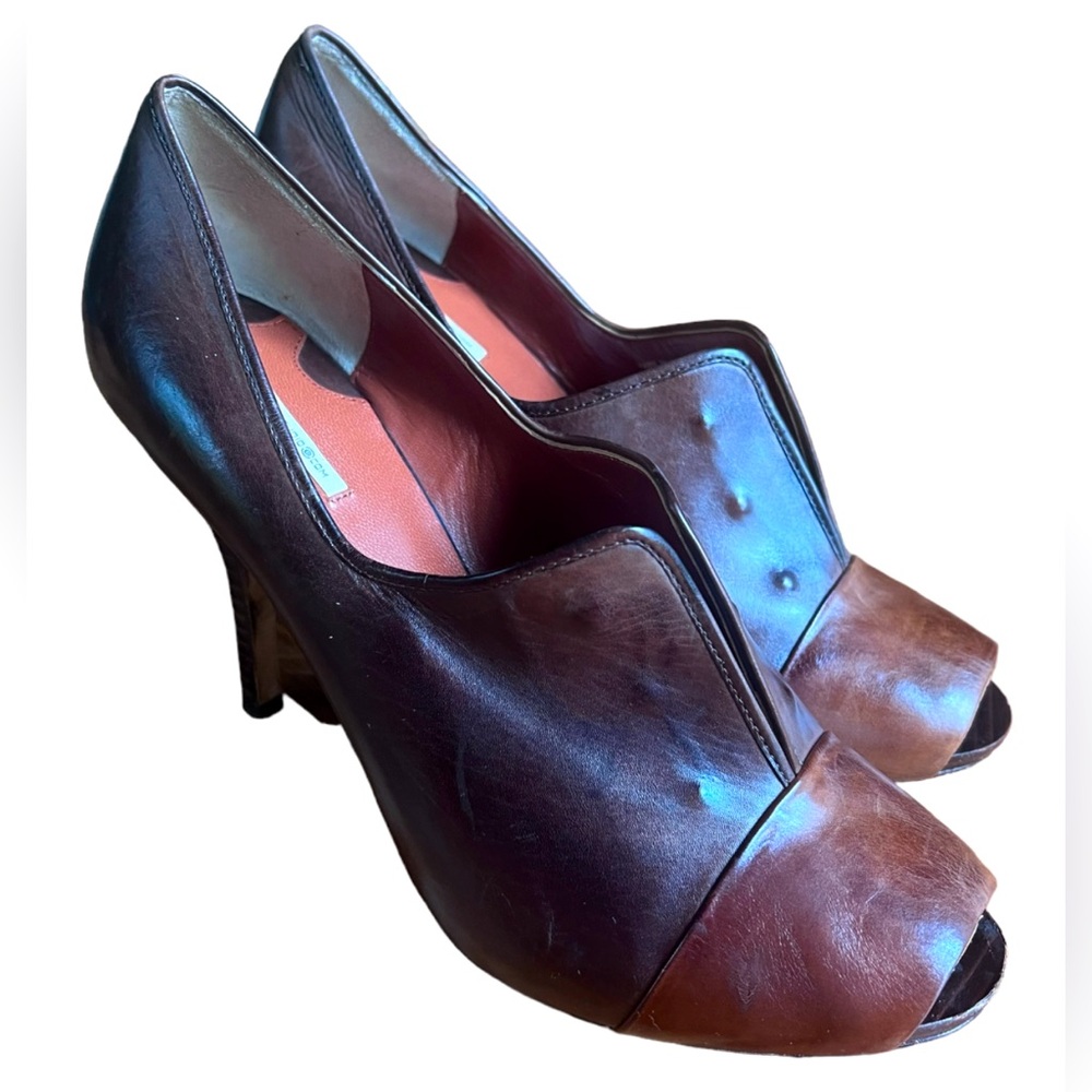 Max Studio Brown Studded Soft Brown Leather Peep Toe Heels Size 9.5